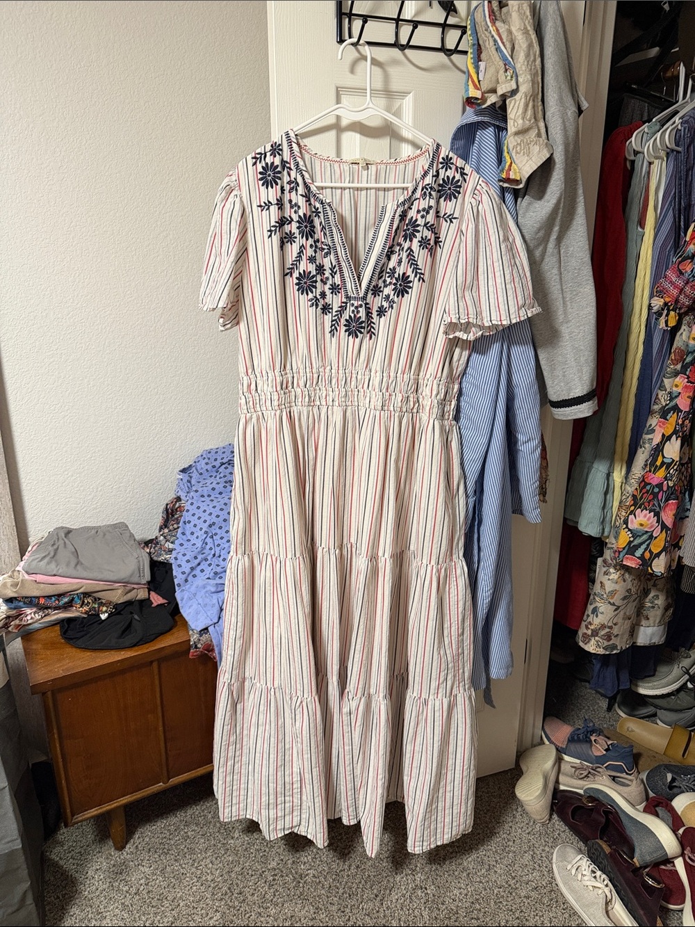 White Striped Embroidered Maxi Dress